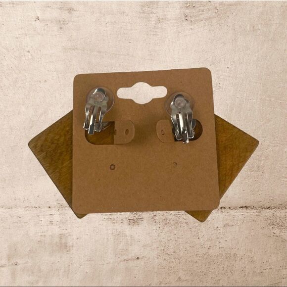 Clip-On Brown Wood Pyramid / Square Earrings - Picture 7 of 7